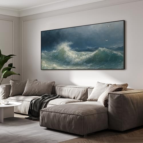 24"x46" Extra Large Framed Wall Art Dramatic Ocean Waves with Stormy Sky and Seagulls for Home Living Room Bedroom Decor