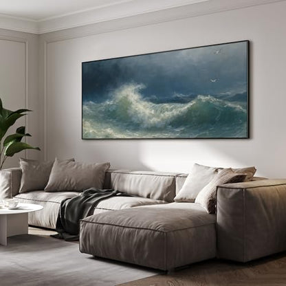 24"x46" Extra Large Framed Wall Art Dramatic Ocean Waves with Stormy Sky and Seagulls for Home Living Room Bedroom Decor