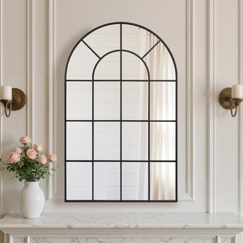 Arched Windowpane Wall Mirror 24"x36" Black Wall Mounted Art Pane Mirror Farmhouse Decorative Mirror Leaning Hanging Wall Mirror for Bedroom Living Room Entrance Hallway Wall Decor