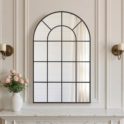Arched Windowpane Wall Mirror 24"x36" Black Wall Mounted Art Pane Mirror Farmhouse Decorative Mirror Leaning Hanging Wall Mirror for Bedroom Living Room Entrance Hallway Wall Decor