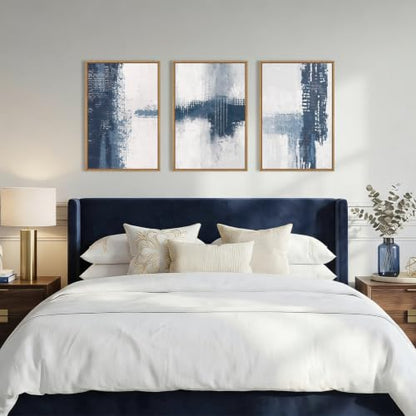 Abstract Navy Blue Grey Framed Canvas Wall Art Set