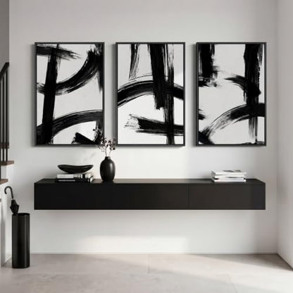 Large Framed Black and White Modern Abstract Wall Art Set (3 Count)