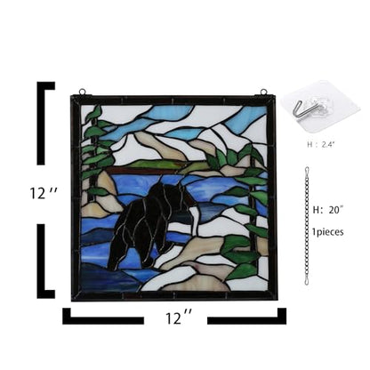 Stained Glass Window Hanging 12" Square Tiffany Animal Style Brown Bears Suncatcher Wall Decor Art Panel Includes 20" Chain and Hooks The Perfect Housewarming Gift