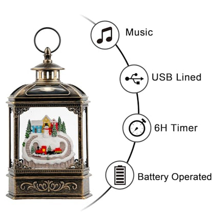 Christmas Village Snow Globe Lantern Musical Lighted Mountain Village Snowman & Train Water Lantern in Swirling Glitter