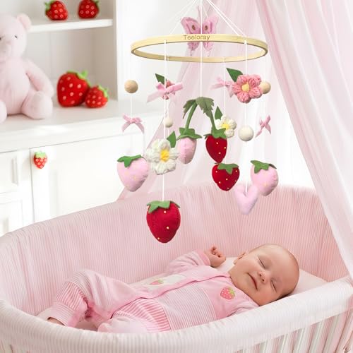 Strawberry Baby Crib Mobile for Girls Pink Bow Nursery Decor