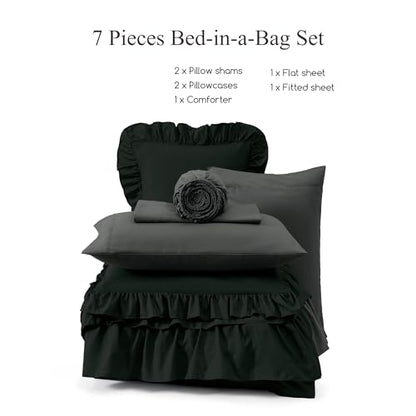 King Size Comforter Set Black Ruffle 7 Pieces Farmhouse Bed in a Bag