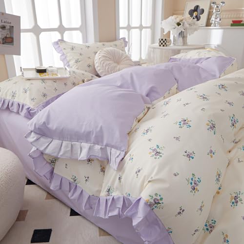 Ruffle Comforter Set Queen Vintage Purple Floral Bedding Comforter 3 Pieces Coquette Bedding Flowers Cottagecore Comforter Set with 2 Pillowcases Fluffy Soft Aesthetic Flower Bedding Set with Lace