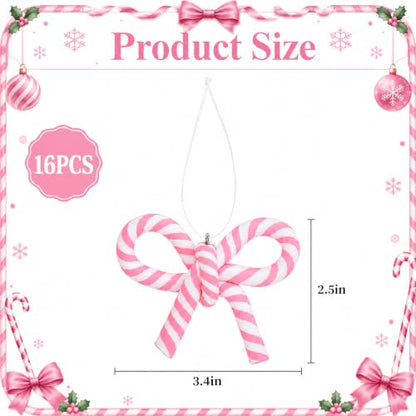16 Pcs Pink White Bow Candy Cane Hanging Ornaments Christmas Tree Decor (16 Count)