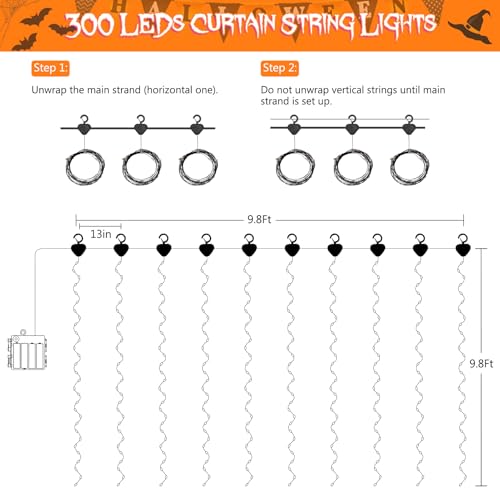 Halloween Curtain Lights Battery Operated 9.8 x 9.8Ft (300 Count)