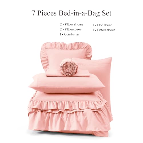 King Size Comforter Set Rosewater Ruffle 7 Pieces Farmhouse Bed in a Bag