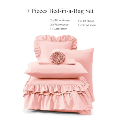 King Size Comforter Set Rosewater Ruffle 7 Pieces Farmhouse Bed in a Bag