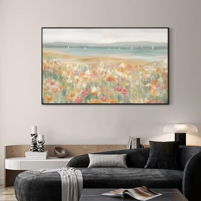 36"x60" Extra Large Framed Wall Art Coastal Flower Field with Sailing Boats Serene Landscape Illustration for Home Living Room Bedroom Decor