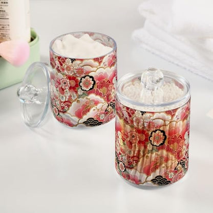 2 Pack Qtip Holder Organizer Dispenser Japanese Flowers Pattern Bathroom Storage Canister Cotton Ball Holder Container for Cotton Pads (2 Count)