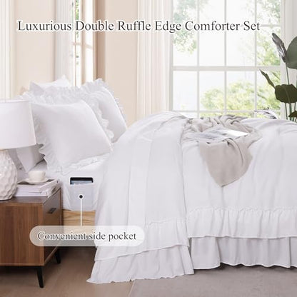 King Size Comforter Set White Ruffle 7 Pieces Farmhouse Bed in a Bag