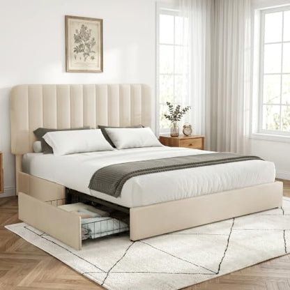 King Size Upholstered Bed Frame with 4 Drawers and Headboard