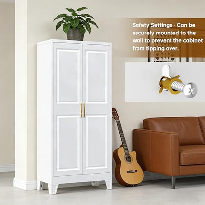 White Metal Pantry Cabinet with 3 Adjustable Shelves