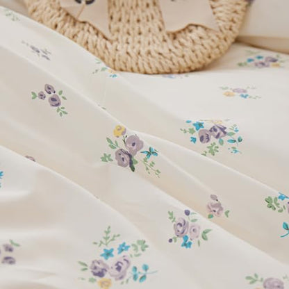 Ruffle Comforter Set Queen Vintage Purple Floral Bedding Comforter 3 Pieces Coquette Bedding Flowers Cottagecore Comforter Set with 2 Pillowcases Fluffy Soft Aesthetic Flower Bedding Set with Lace