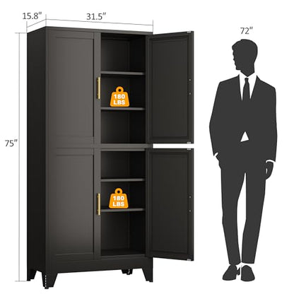Black Metal Storage Cabinet with 4 Doors and 4 Adjustable Shelves
