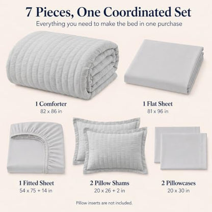 Full Size Comforter Set 7 Pieces Light Grey Seersucker Bed in a Bag