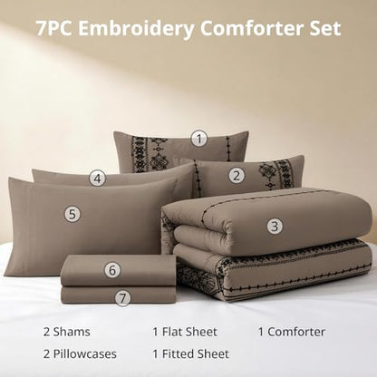 Full Size Comforter Set Embroidery Floral 7 Pieces Bed in a Bag