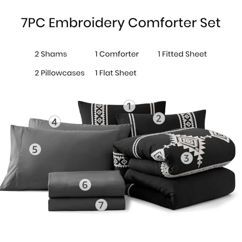 Embroidery Queen Comforter Set 7 Pieces Black Bed in a Bag