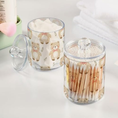 2 Pack Qtip Holder Organizer Dispenser Bears Bathroom Storage Canister Cotton Ball Holder Container for Cotton Pads (2 Count)