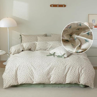Green Flower Comforter Set Twin XL Vintage Floral Comforter with 2 Bow Ties Pillowcases Soft Fluffy Cottagecore Bedding Set for Girls Women Botanical Bedding Comforter Set for All Season