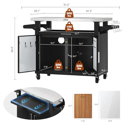 Outdoor Grill Cart with Storage Cabinet Metal Kitchen Island Prep Table with Movable Universal Wheels and Stainless Steel Top for Outside BBQ Backyard Include Hooks Spice Rack