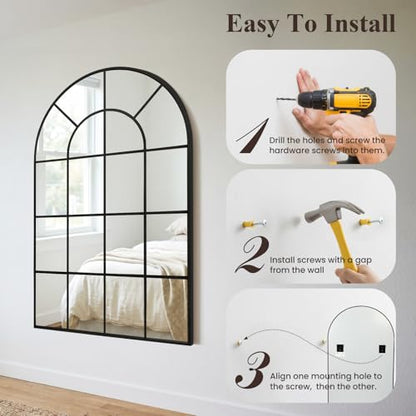 Arched Windowpane Wall Mirror 24"x36" Black Wall Mounted Art Pane Mirror Farmhouse Decorative Mirror Leaning Hanging Wall Mirror for Bedroom Living Room Entrance Hallway Wall Decor