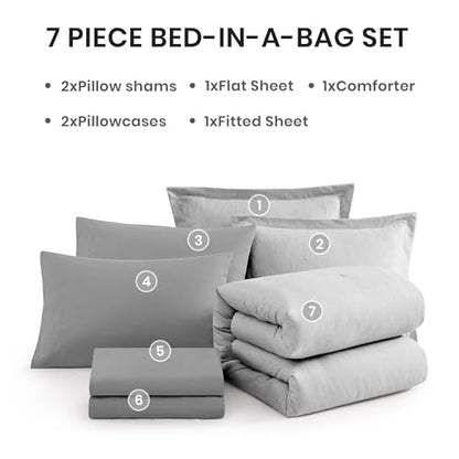 Full Comforter Set 7 Pieces Light Grey Cationic Dyeing Bed in a Bag