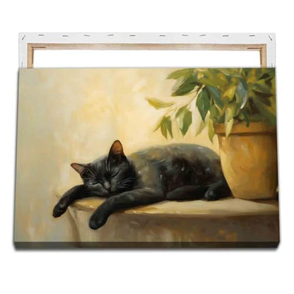 Black Cat Poster Lovely Cat Sleeping Picture Retro Plant Wall Art Still Life Painting Vintage Vase Canvas Animal Artwork Plant Living Room Decor 16x24inch Framed