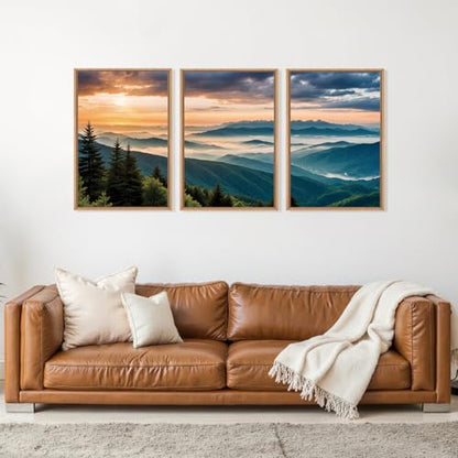 Large Nature Mountain Sunrise Framed Canvas Wall Art (3 Count)