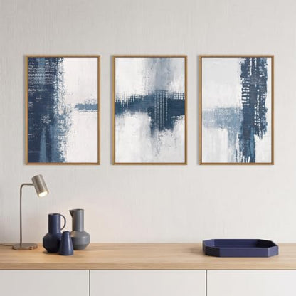Abstract Navy Blue Grey Framed Canvas Wall Art Set