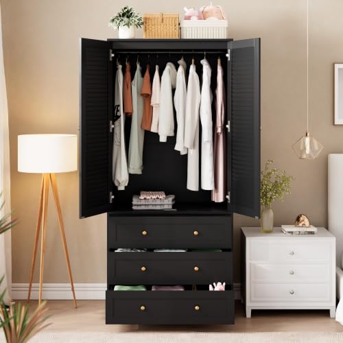 70" Wardrobe Armoire Wooden Closet with 3 Drawers