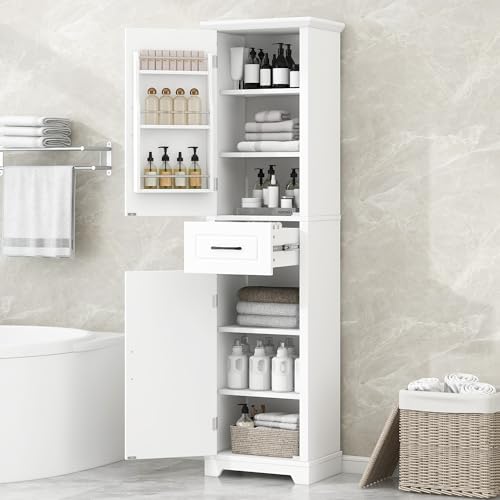 72" Tall Narrow Bathroom Storage Cabinet with 2 Doors & Drawer
