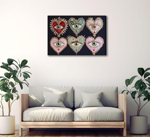 Psychedelic Eyes Canvas Wall Art Gothic Maximalist Witchy Art Wall Decor Picture Dark Academia Aesthetic Poster Eclectic Love Heart Jewel Gem Painting Print Artwork for Bedroom Living Room Decorate