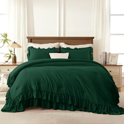 Dark Green Twin Size Ruffle Comforter Set
