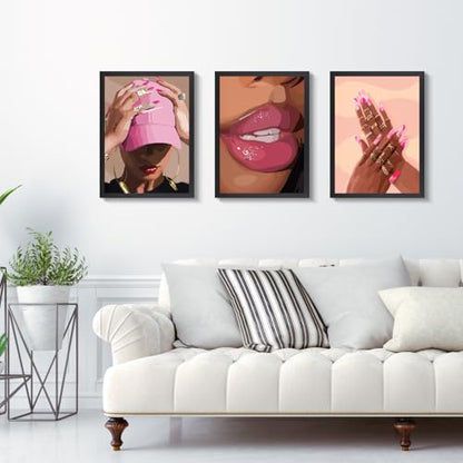 Wood Framed Fashion Pink Black Girl Wall Art Set of 3 (3 Count)