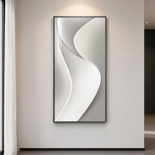 Large Framed Silver White Abstract Wall Art for Living Room