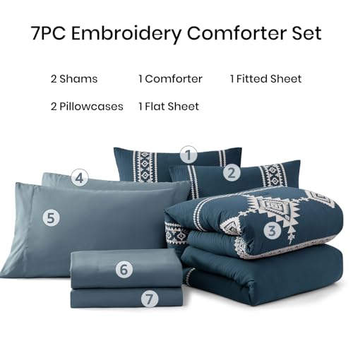 Embroidery Full Size Comforter Set 7 Pieces Navy Blue Bed in a Bag (7 Piece Set)