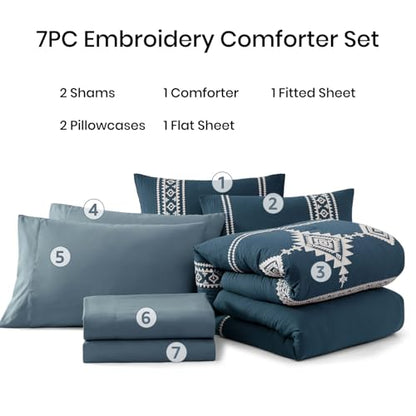 Embroidery Full Size Comforter Set 7 Pieces Navy Blue Bed in a Bag (7 Piece Set)