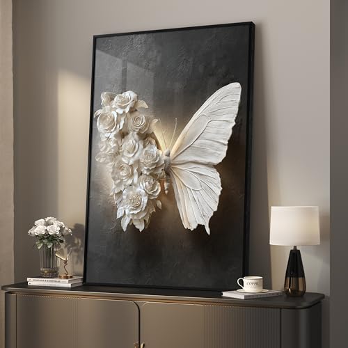 Large Framed Black and White Butterfly Floral Wall Art