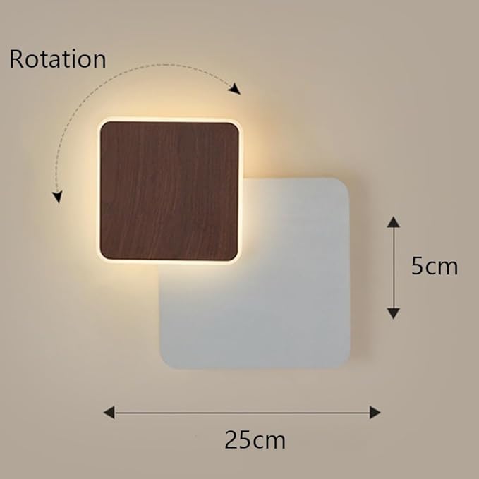 Minimalist Wall Sconce, Rotatable Square Light, Walnut Wood Grain Finish