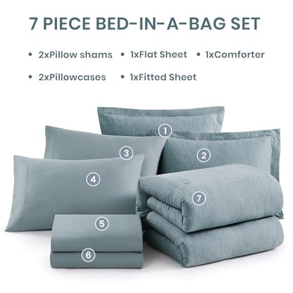 Full Comforter Set 7 Pieces Dusty Blue Cationic Dyeing Bed in a Bag