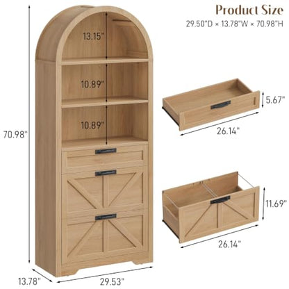 71" Tall Arched Bookcase with File Cabinet Drawers
