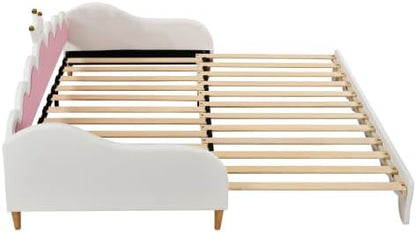 CITYLIGHT Twin Size Upholstered Daybed with Crown Headboard, Cute Bed Frame with LED, Extending Daybed Princess Bed for Girls (White)