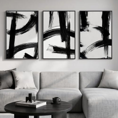 Large Framed Black and White Modern Abstract Wall Art Set (3 Count)