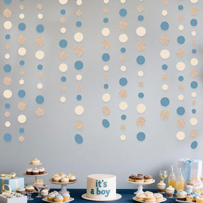 Champagne Gold Dusty Blue Beige Circle Dot Garland Hanging Paper Polka Dot Streamer for Men Birthday Wedding Bridal Shower Retirement Engagement Bachelorette Party Decorations Supplies