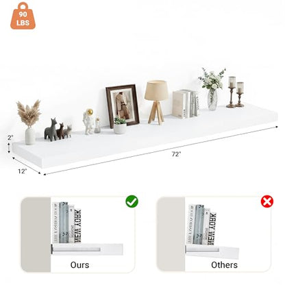 72 x 12 Deep Floating Shelves Wall Mounted Set of 2 White