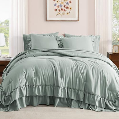 Full Size Comforter Set Sage Green Ruffle 7 Pieces Farmhouse Bed in a Bag